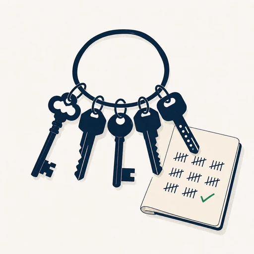 The Real Estate Pro — illustration of a keyring with five distinct keys and an hours-tally notebook