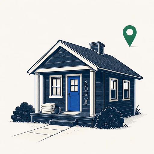 The Airbnb Host — illustration of a vacation cottage with welcome mat, towels, and a map pin