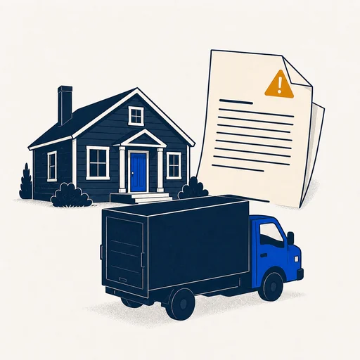 The Departing Owner — illustration of a house with a moving truck pulling away and a tax form with a recapture-warning icon